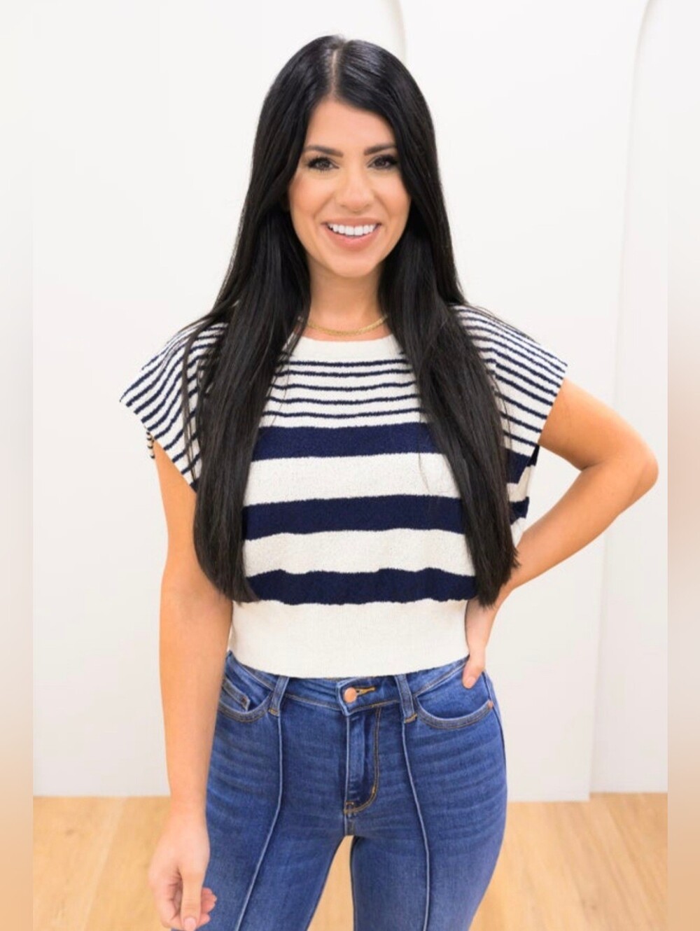 Striped Cropped Knit Tee - Navy & White